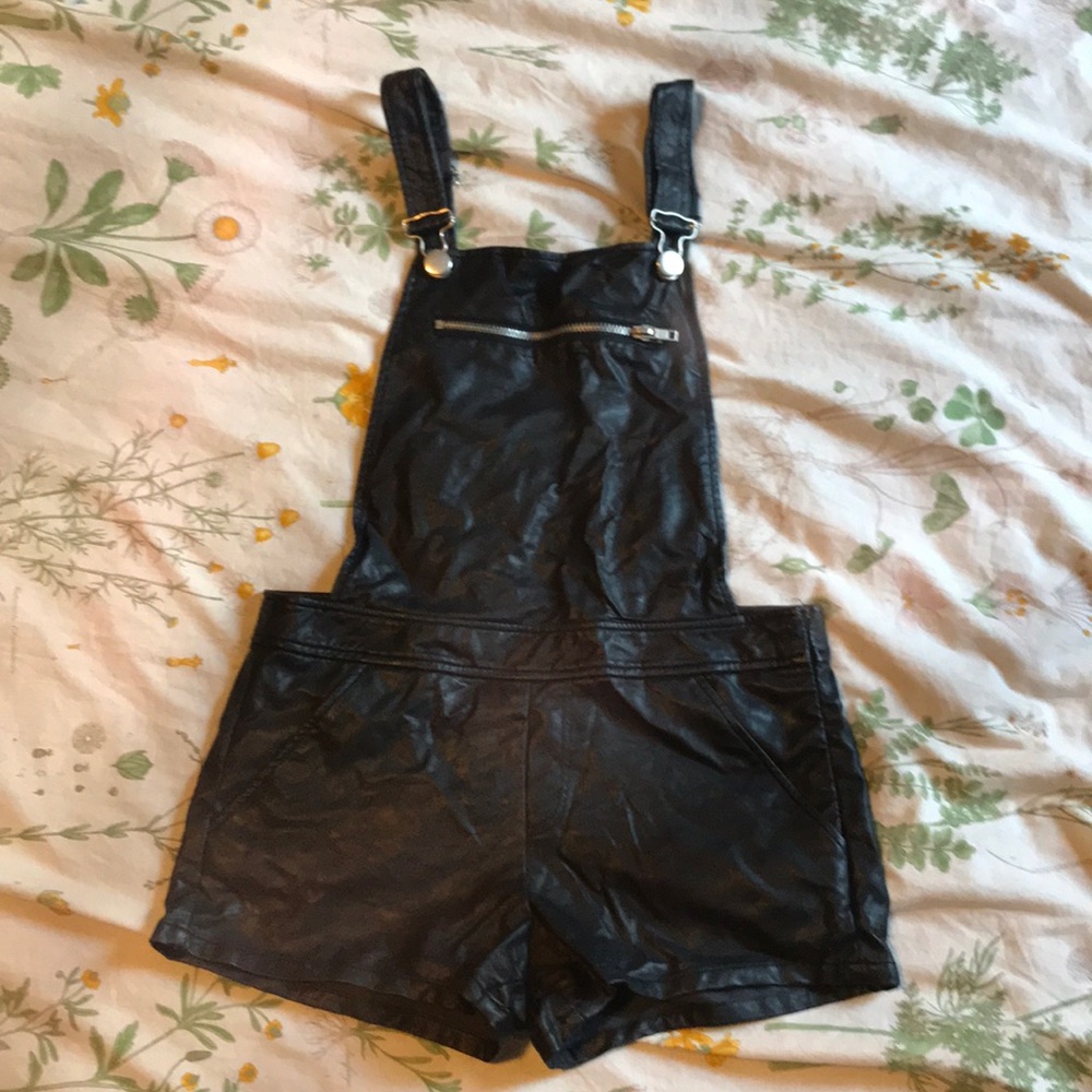 Black faux leather shorteralls